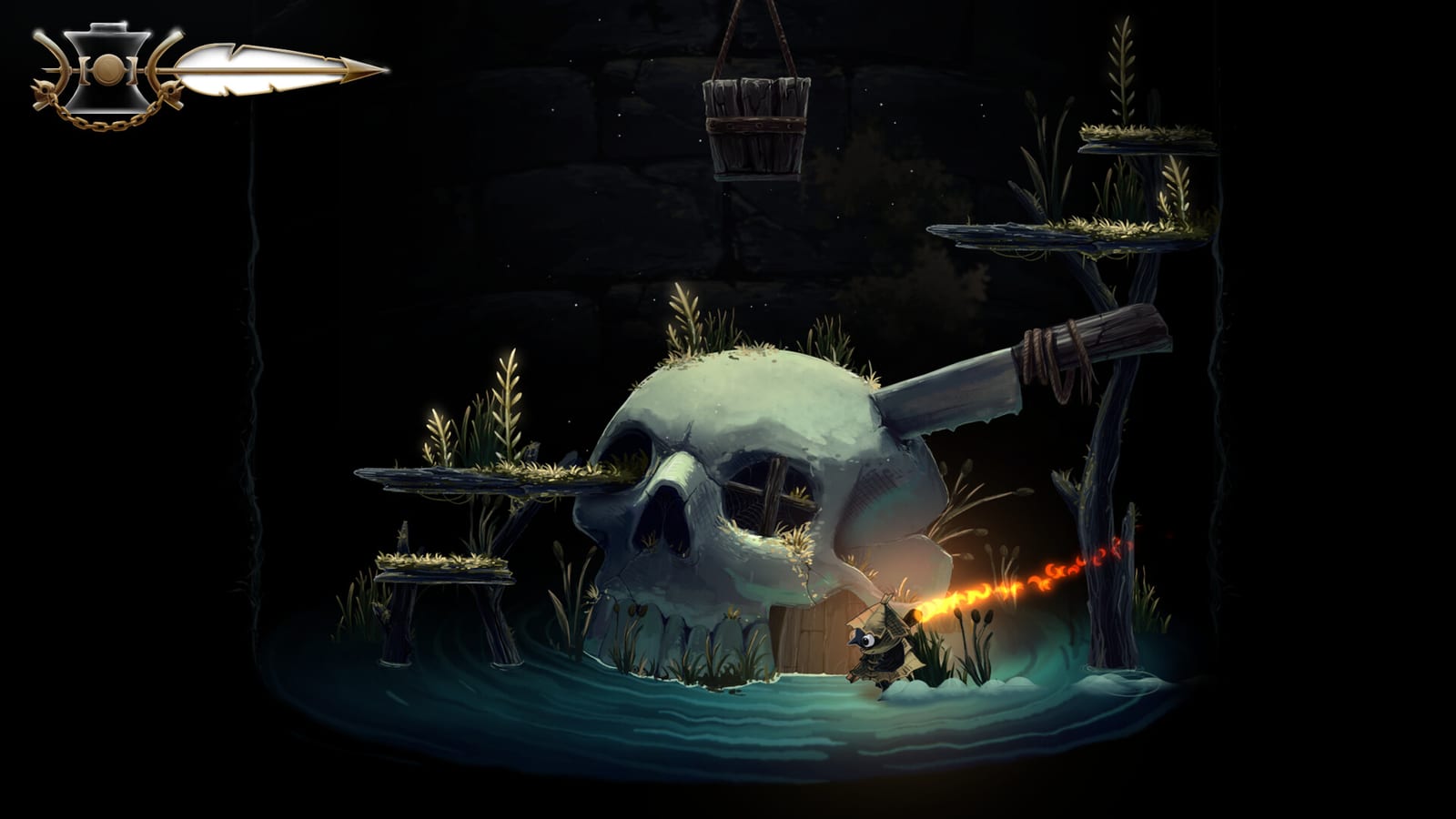 Well Dweller gameplay screenshot shows Glimmer lighting a match beneath a giant pale creature.