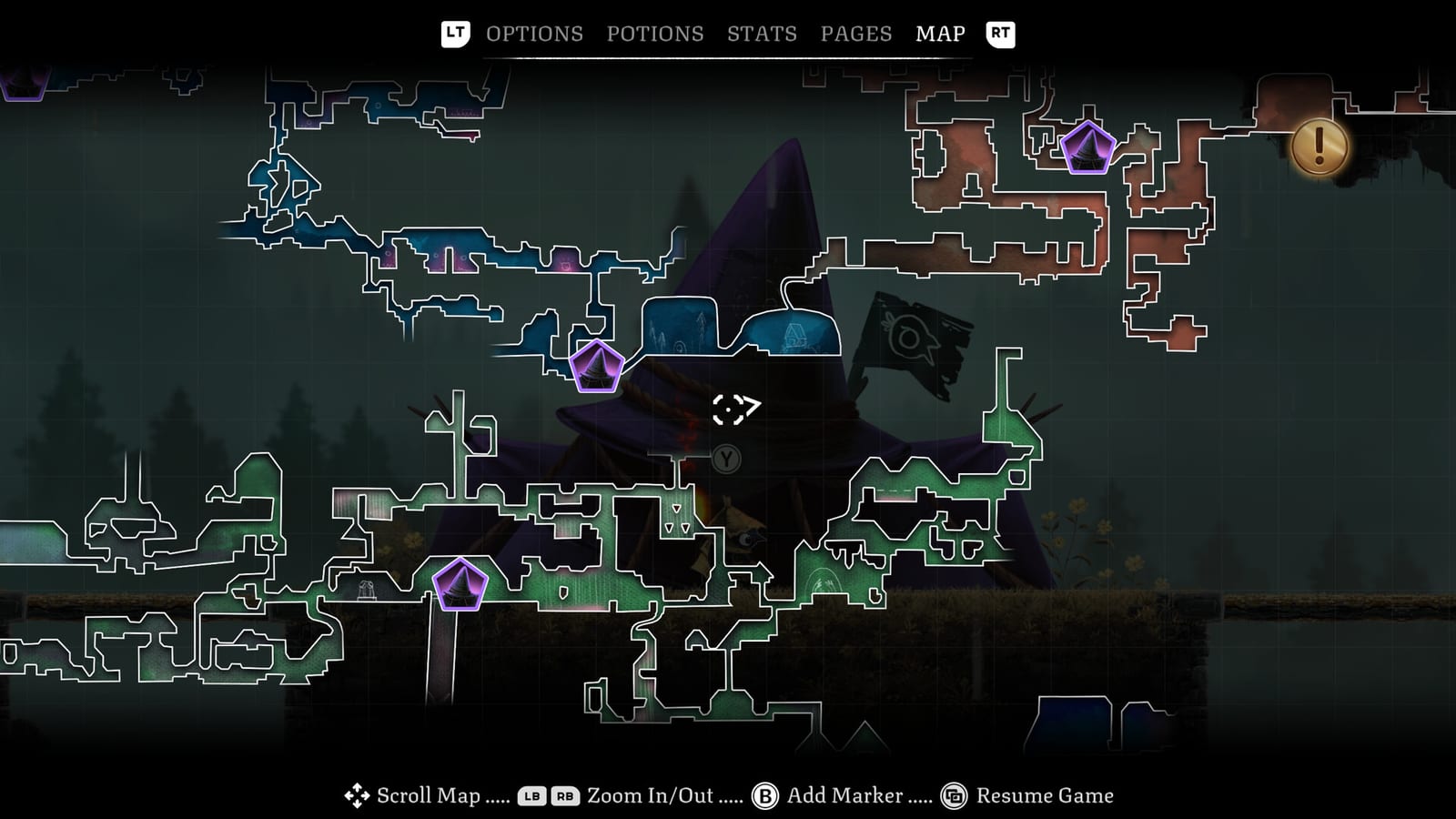 Well Dweller in-game map screen shows connected rooms, markers, and controller navigation prompts.