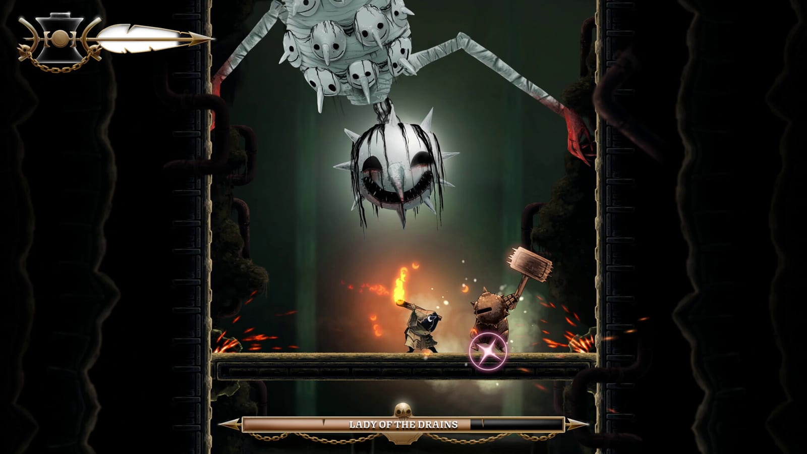 Well Dweller gameplay screenshot shows Glimmer facing Lady of the Drains in darkness.