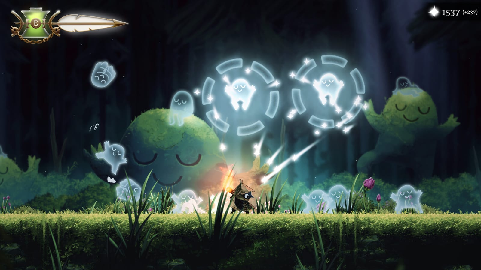 Well Dweller gameplay screenshot shows Glimmer beneath a glowing constellation among pale spirits.