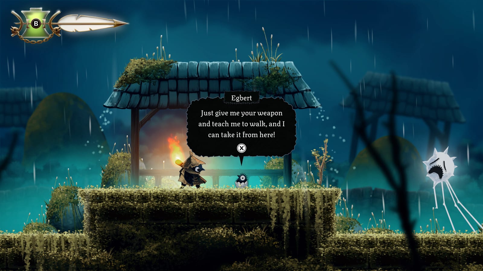 Well Dweller screenshot shows Glimmer reading Egbert's dialogue outside a small house.