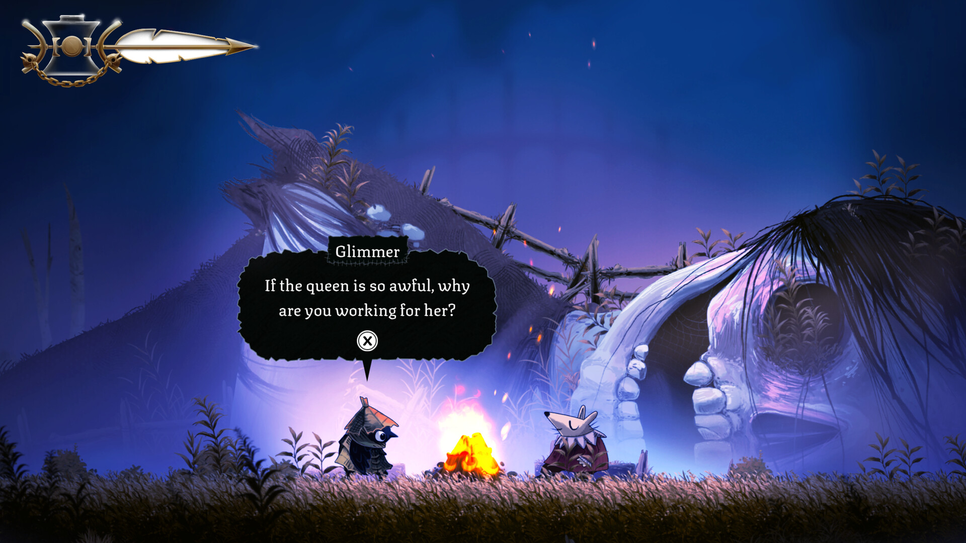 Glimmer and a pale, long-eared character converse beside a campfire in a cave.